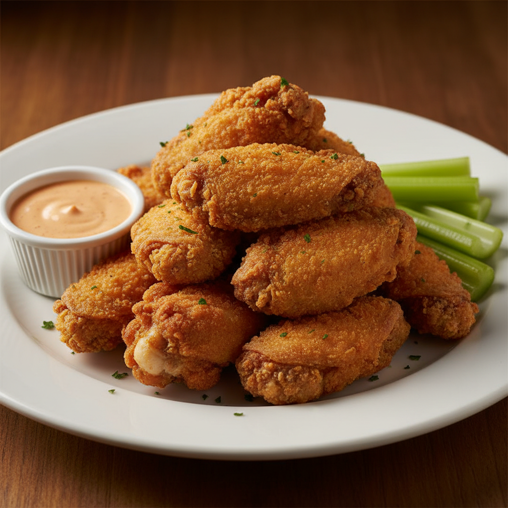Boneless breaded chicken wings, golden crispy coating, piled high with dipping sauce