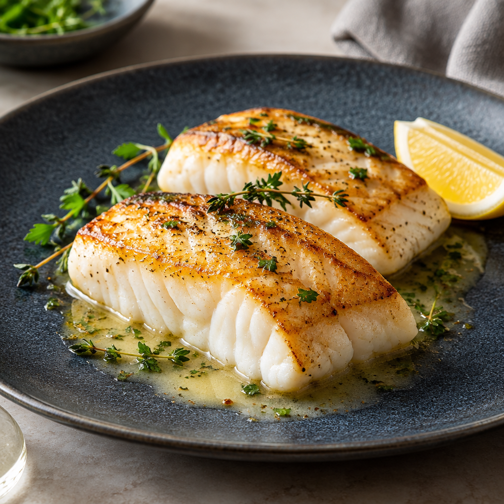 Pan-seared Chilean sea bass fillets with lemon butter and fresh herbs