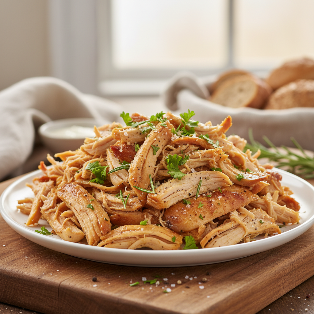 Oven roasted pulled and shredded chicken, tender golden brown strands piled high