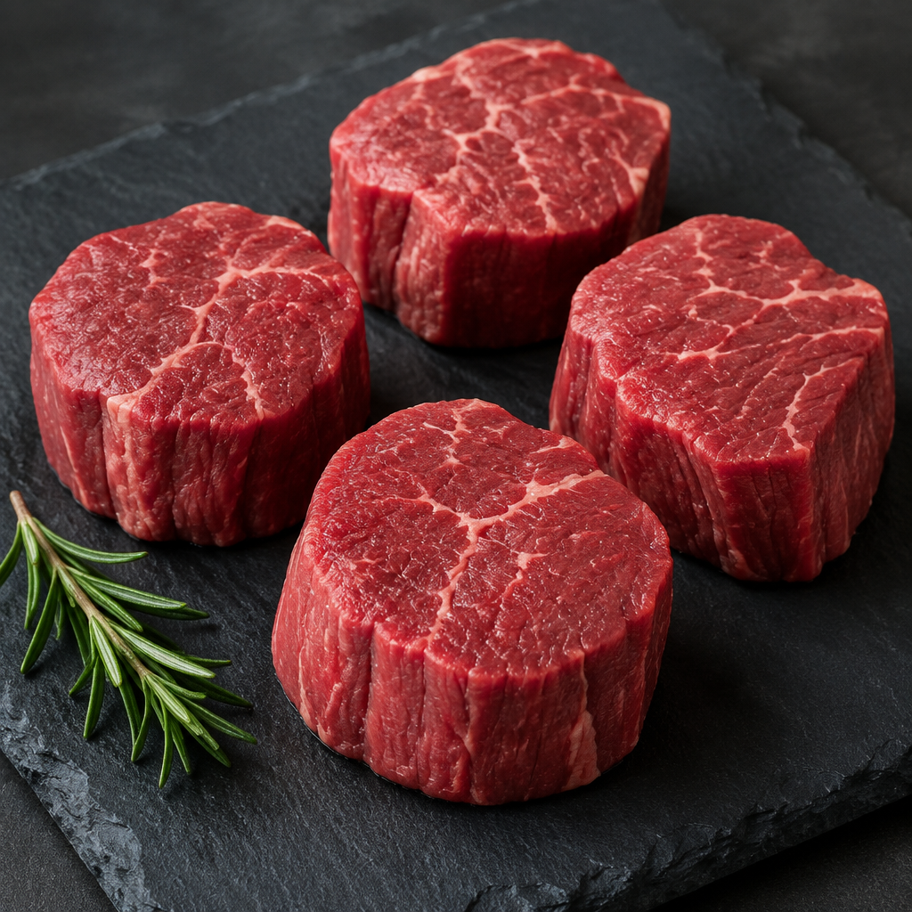Raw center-cut filet mignon steaks arranged on dark slate with a sprig of rosemary