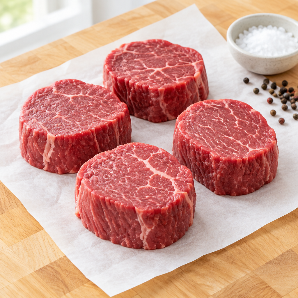 Raw center-cut filet mignon steaks on white butcher paper over a light wooden butcher block with salt and pepper