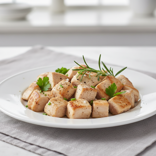 Diced fully cooked white meat chicken, tender pieces on a white plate with fresh herbs