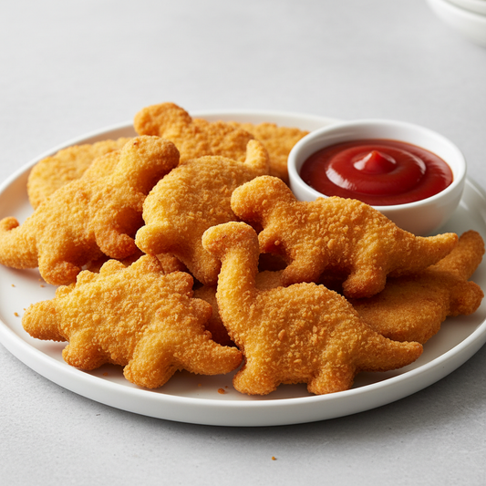 Dinosaur shaped chicken nuggets, golden crispy coating, fun dino shapes with ketchup dipping sauce