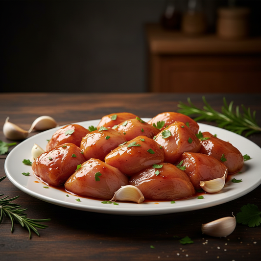 Marinated boneless skinless chicken breast pieces, juicy and glistening with marinade