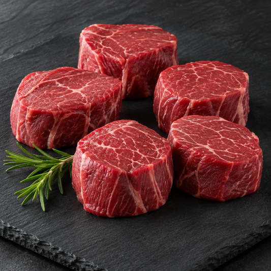 Raw Angus center-cut filet mignon steaks arranged on a dark slate with rosemary