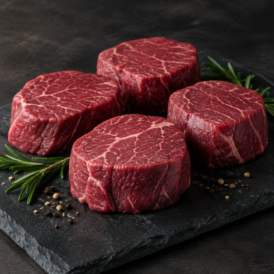 Raw Angus center-cut filet mignon steaks arranged on a dark slate platter with rosemary
