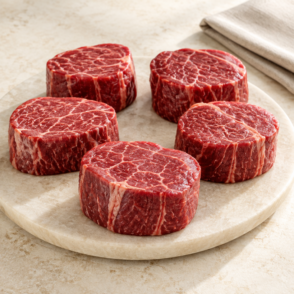 Raw USDA Prime center-cut filet mignon steaks on an ivory stone platter with neutral linen